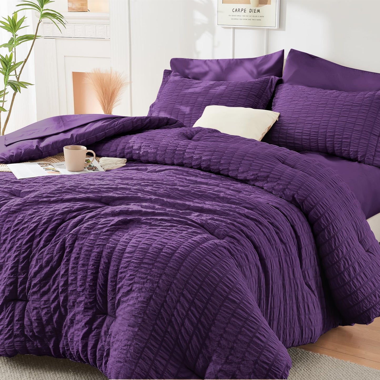 HYMOKEGE Dark Purple Twin Comforter Set Seersucker 5 Pieces, All Season Luxury Bed in a Bag for Bedroom, Bedding Set with Comforter, Sheets, Pillowcase & Sham