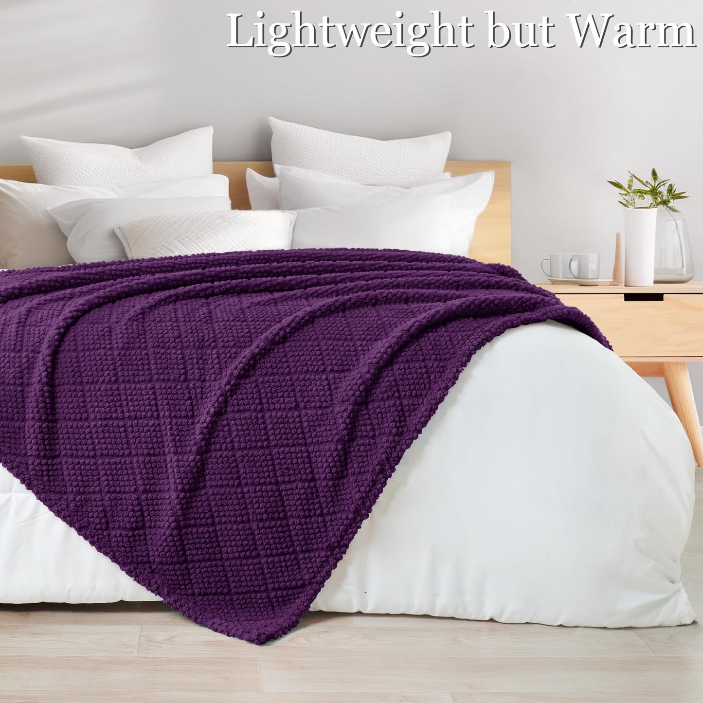Whale Flotilla Fuzzy Fleece King Size Blanket for Bed, Soft Fluffy Jacquard Waffle Blankets for All Season, Lightweight and Cozy, 90x104 Inch, Purple
