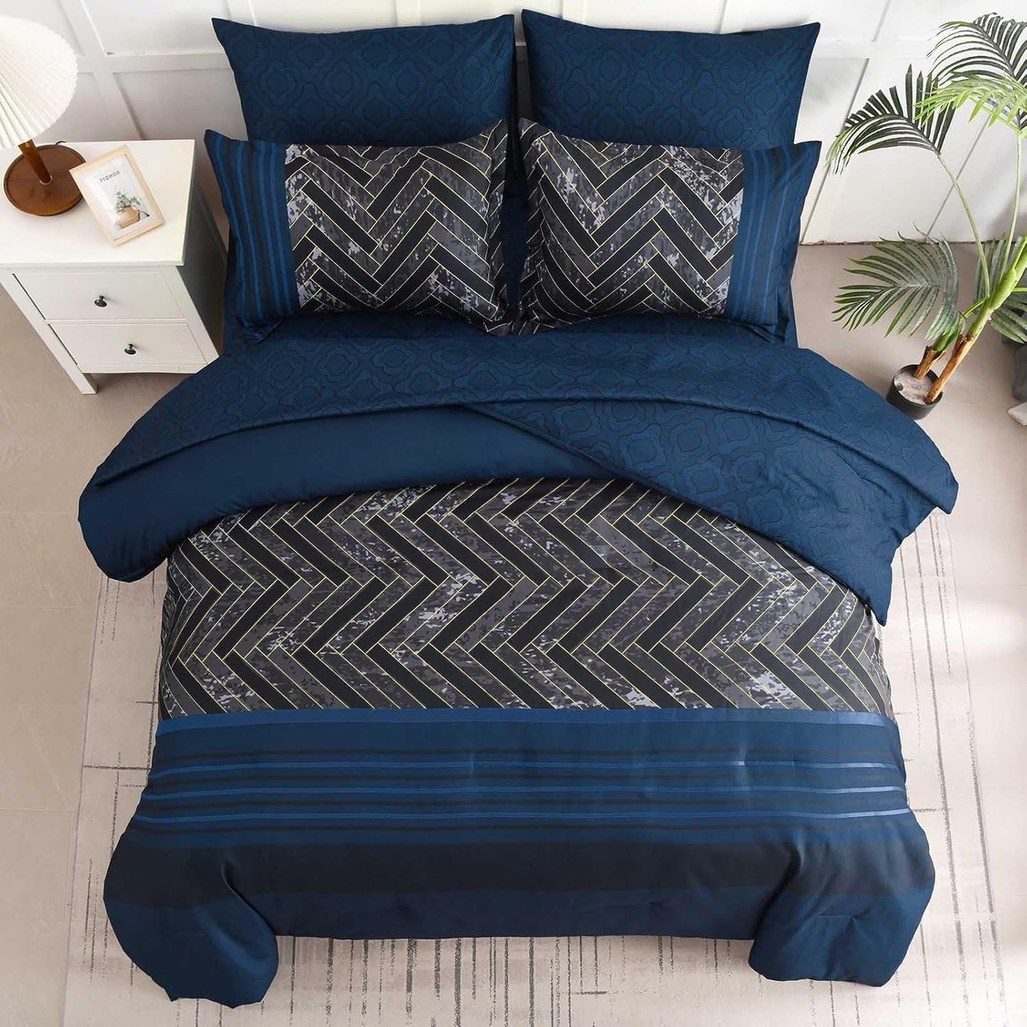 Luxudecor Navy Blue Comforter Set King Size, 7 Pieces Stripe Geometric Bed in a Bag, Soft Microfiber Navy Comforter and Sheet Set Complete Bedding Sets for All Seasons 104"×90"
