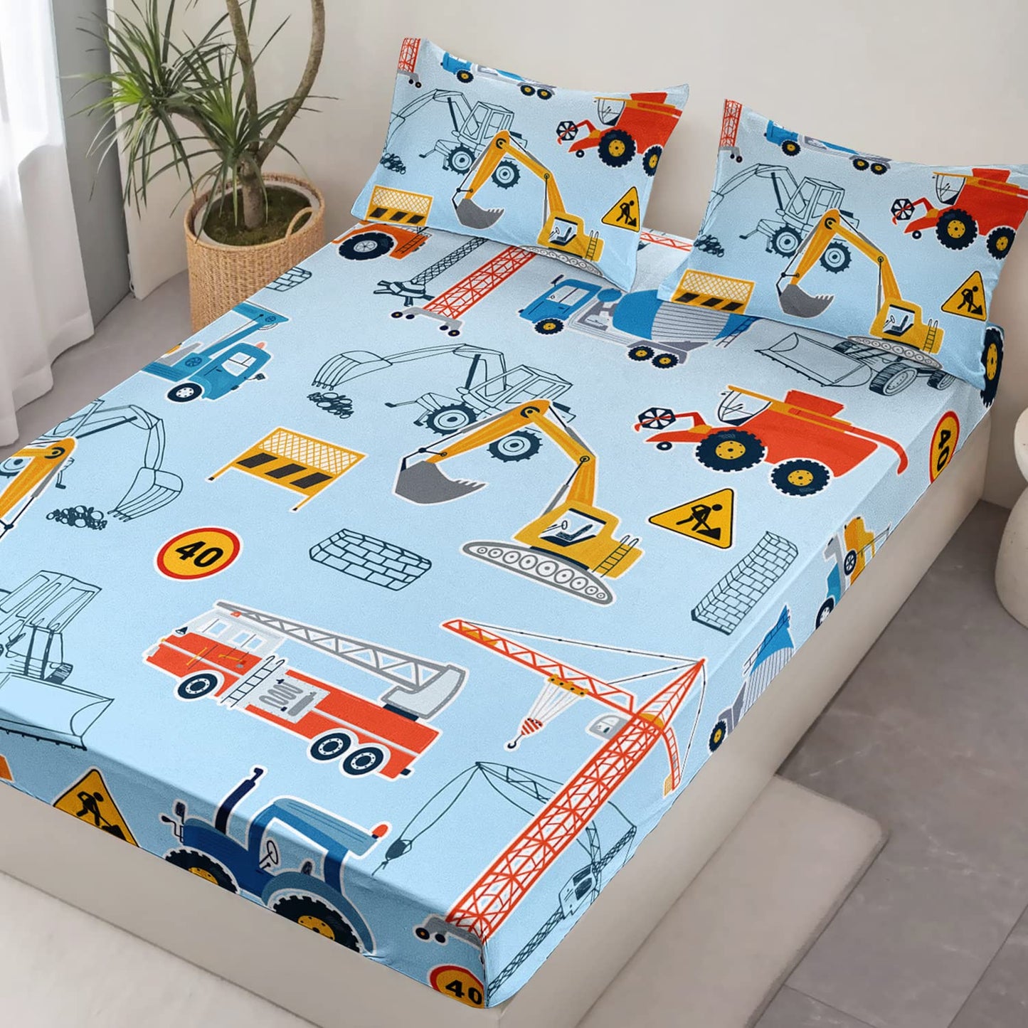 HOSIMA Cartoon Car Fitted Sheet 3Piece Set with Construction Site Excavator Crane and Tractor Design,Kawaii Bedding Set for Boys Girls in Light Blue Fitted Sheet Set Queen Size with 2 Pillowcases.