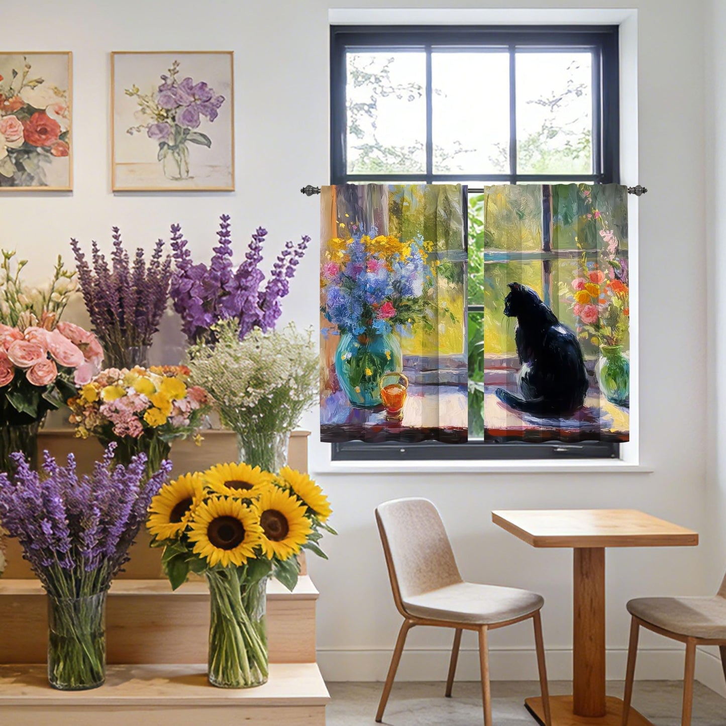 Ecixzyo Cat Flower Kitchen Curtains Short Rod Pocket Drapes Tiers Window Curtains for Basement Bathroom 2 Panels 28x36in