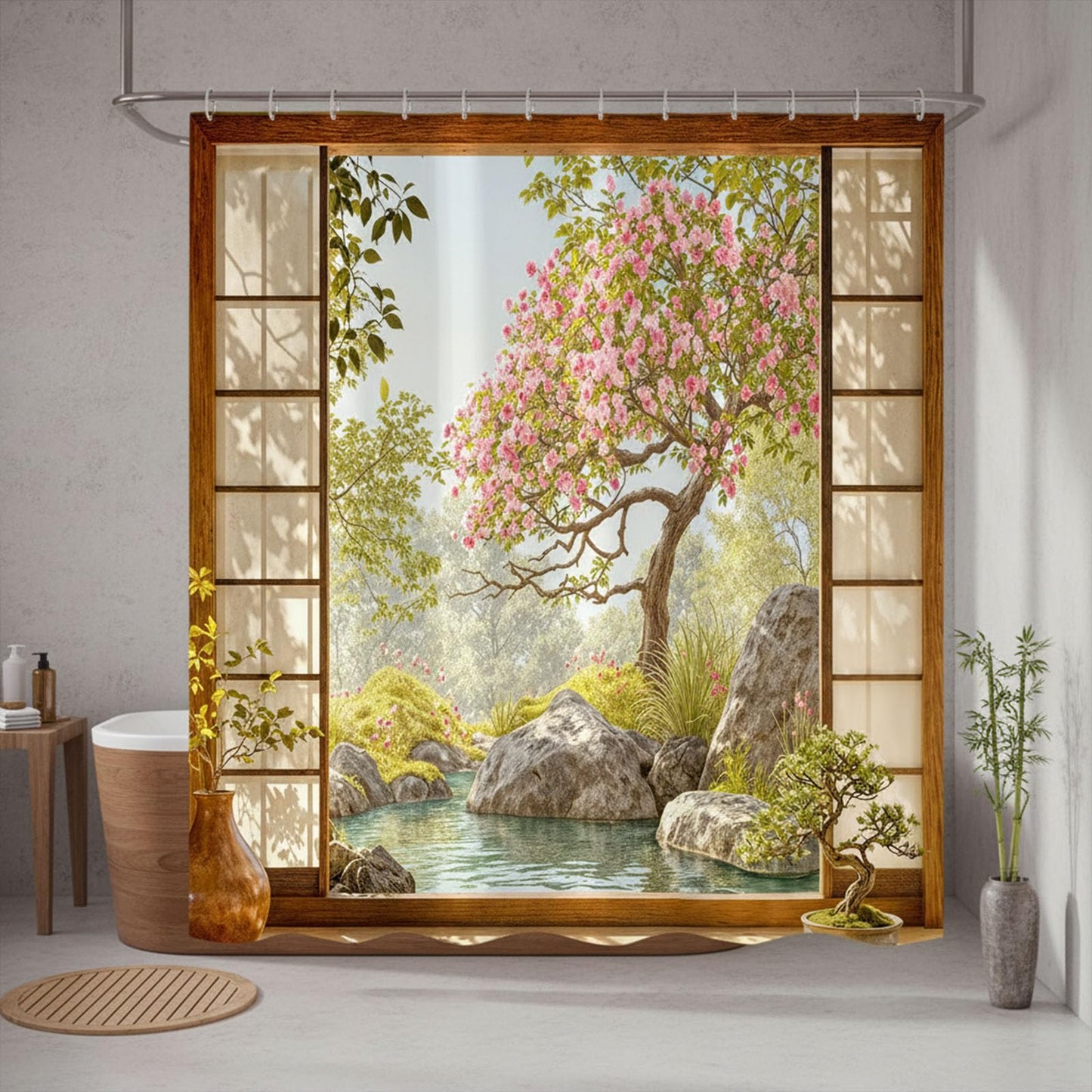 Lifeel Japanese Zen Garden Shower Curtain, Sakura Rock Pond Oriental Peaceful Scenery Bathroom, 72x72 inch