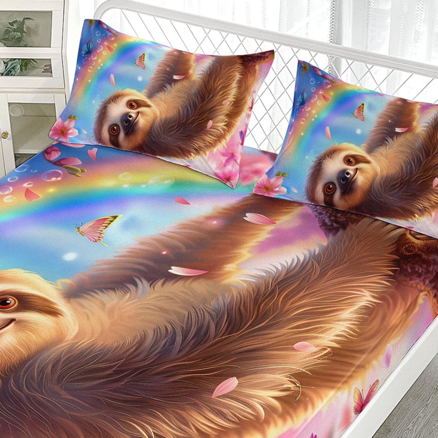 AILONEN Cute Sloth Bedding Set 3Pcs Rainbow Butterfly Pink Flower Fitted Sheet Set Queen Size, Kawaii Animal Theme Soft Microfiber Bed Sheet Set for Kids Girls,1 Fitted Sheet and 2 Pillowcases