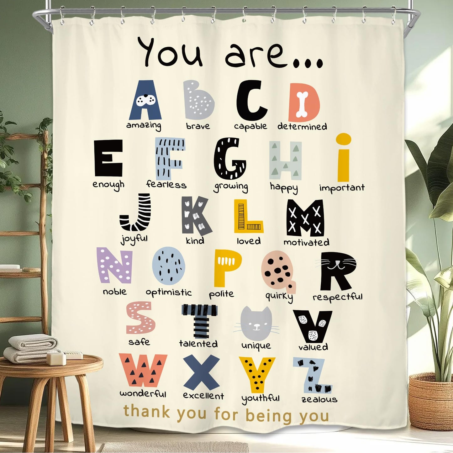 Miyotaa ABC Alphabet Quotes Shower Curtain Set 60Wx71H Inches Positive Inspirational Motivational You are Learning Educational Kids Polyester Waterproof Cloth Bathroom Curtain with 12 Hooks