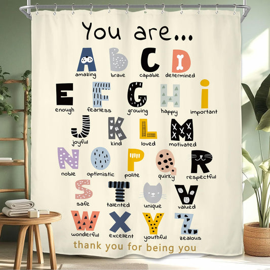 Miyotaa ABC Alphabet Quotes Shower Curtain Set 60Wx71H Inches Positive Inspirational Motivational You are Learning Educational Kids Polyester Waterproof Cloth Bathroom Curtain with 12 Hooks