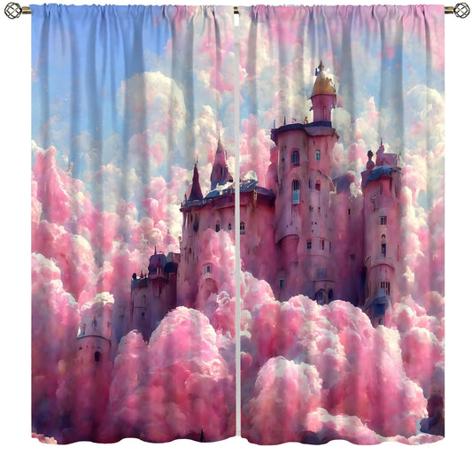 Pink Castle Curtains For Girls Colorful Cartoon Dream Magic Fairy Tale Word Castle Pattern Rod pocket Window Treatments for kids room Nursery Living Room 2 Panels Set 41x 45 in （No Blackout）