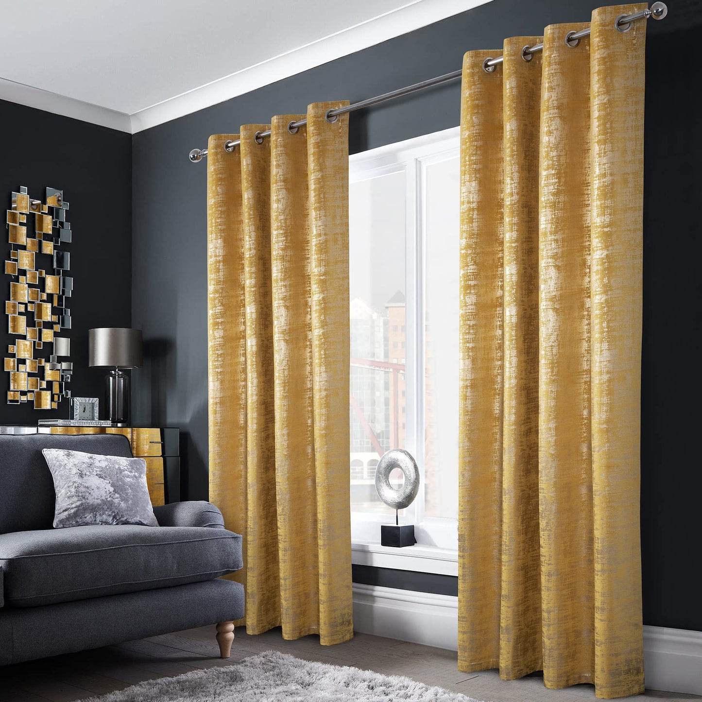 always4u 100% Blackout Soft Velvet Curtains for Bedroom Living Room Thermal Energy Saving 108 Inches Long Luxury Gold Foil Print Drapes 2 Panels Yellow