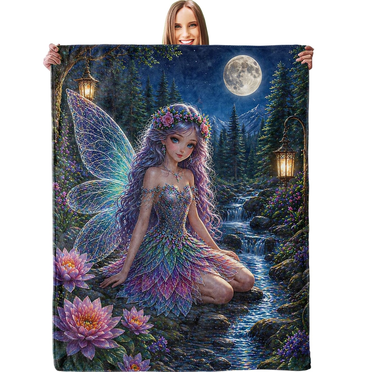 dhakalrlde Enchanted Fairy Blanket, Soft Moonlit Winged Girl Forest Stream Throw Blanket Gifts for Girls Women, Lightweight Warm Cozy 60×50 inch Flannel for Couch, Travel, Bed, Decor