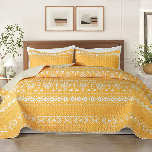 Whale Flotilla Full Queen Size Quilt Set - Reversible Yellow Quilts Queen Size with 2 Pillow Shams, Lightweight Boho Striped Bedspreads Coverlet Bedding Set for All Seasons