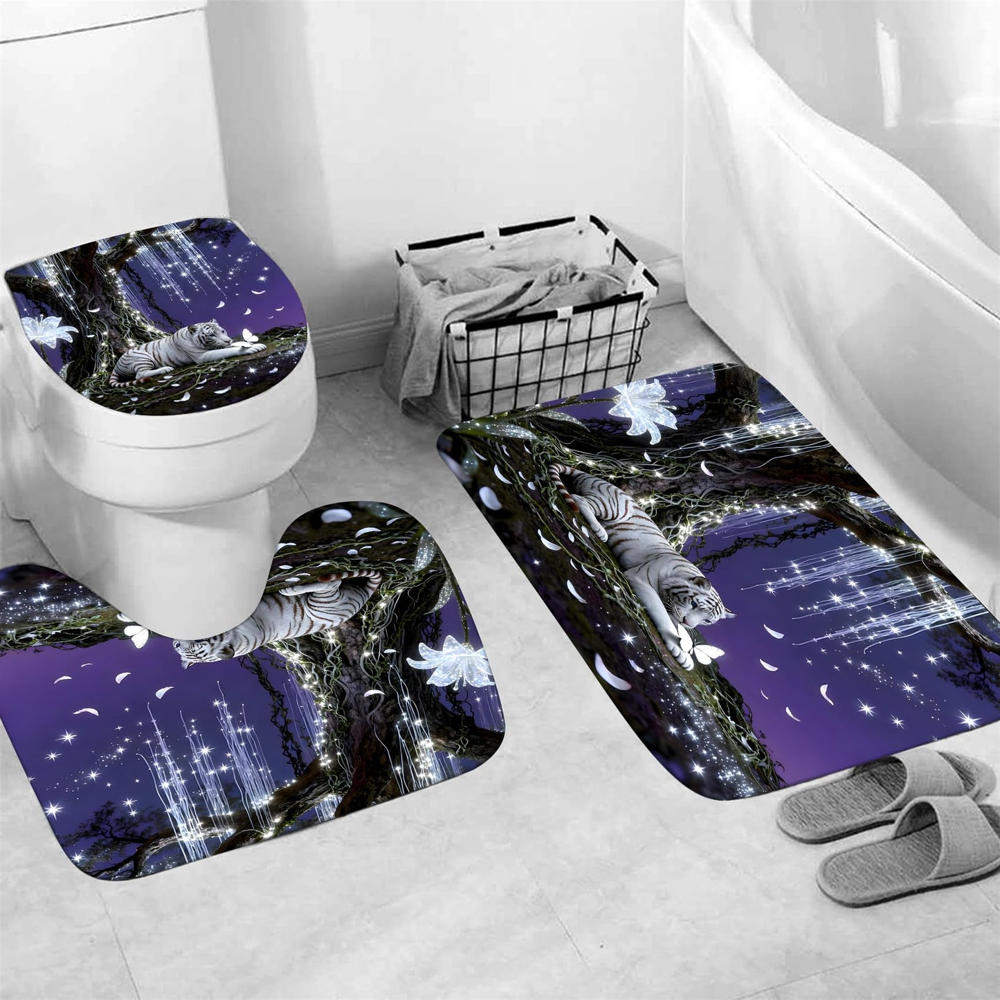 4 Piece Purple and White Shower Curtain Set with Rugs, Dreamy White Tiger & Butterfly Under Glowing Tree, Fantasy Aesthetic Waterproof Fabric Bathroom Decor, Non-Slip Mats & Toilet Lid Cover