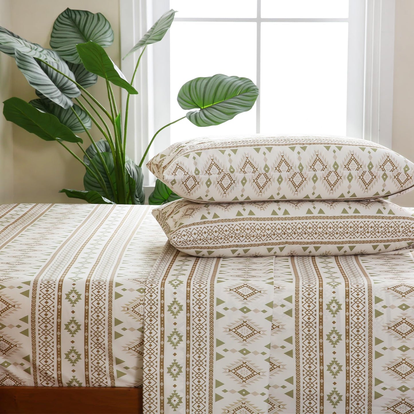 CozySmile 4 Pieces Queen Sheet Set Bohemian, Boho Sheets Soft Microfiber Deep Pocket, Western Sheets Geometric(Queen, Cream Olive Geometric)