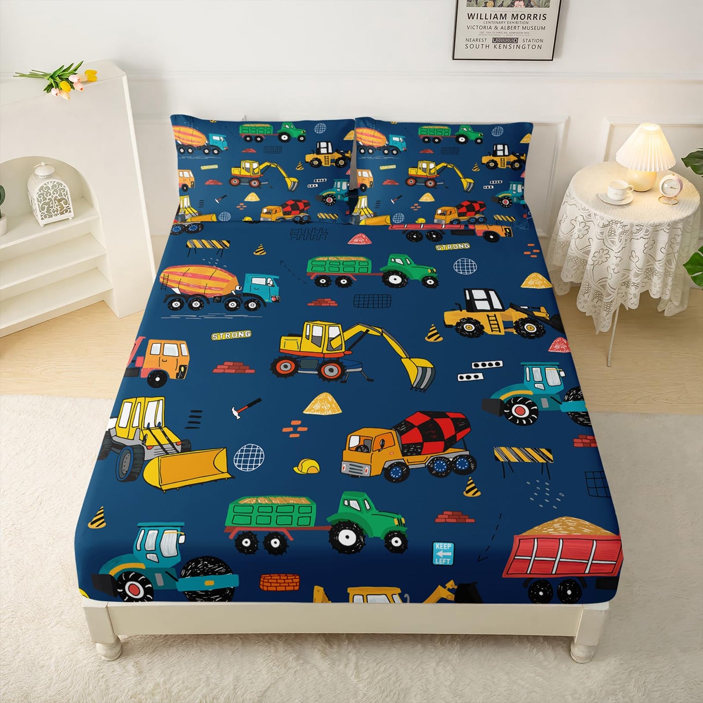QOOMO Construction Kids Bed Sheets Twin Size,Trucks Print Bedding Sheet Set,4Pcs Excavator Deep Pocket Bed Sets with 1 Fitted Sheet 1 Flat Sheet 2 Pillowcases for Boys Girls Teens
