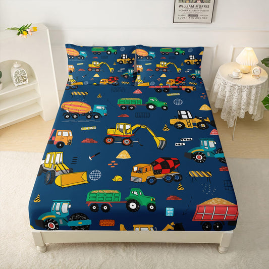 QOOMO Construction Kids Bed Sheets Twin Size,Trucks Print Bedding Sheet Set,4Pcs Excavator Deep Pocket Bed Sets with 1 Fitted Sheet 1 Flat Sheet 2 Pillowcases for Boys Girls Teens