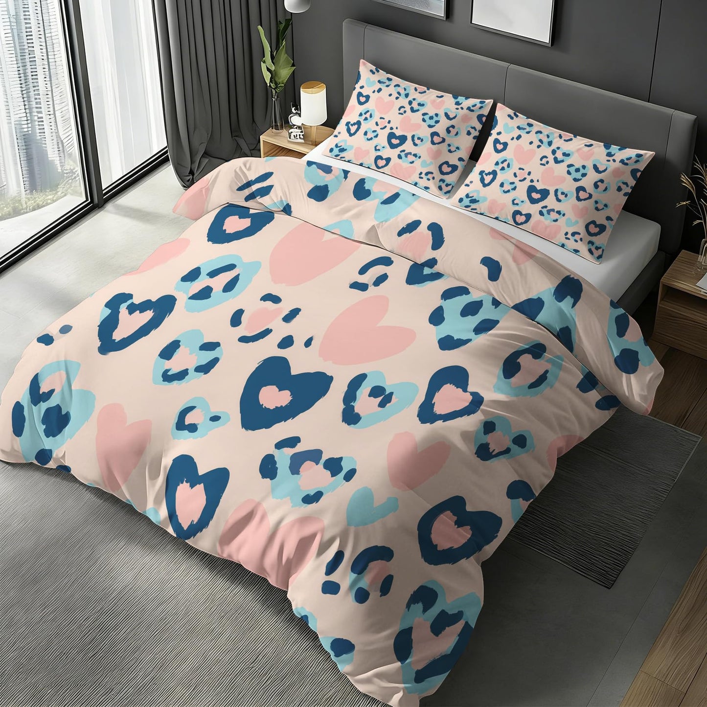 Blue Pink Cheetah Print Duvet Cover Queen, Heart Leopard Print Bedding Set 3 Piece & 2 Pillowcases, Animal Print Bedroom Decor, Reversible Soft Microfiber, Zipper Ties