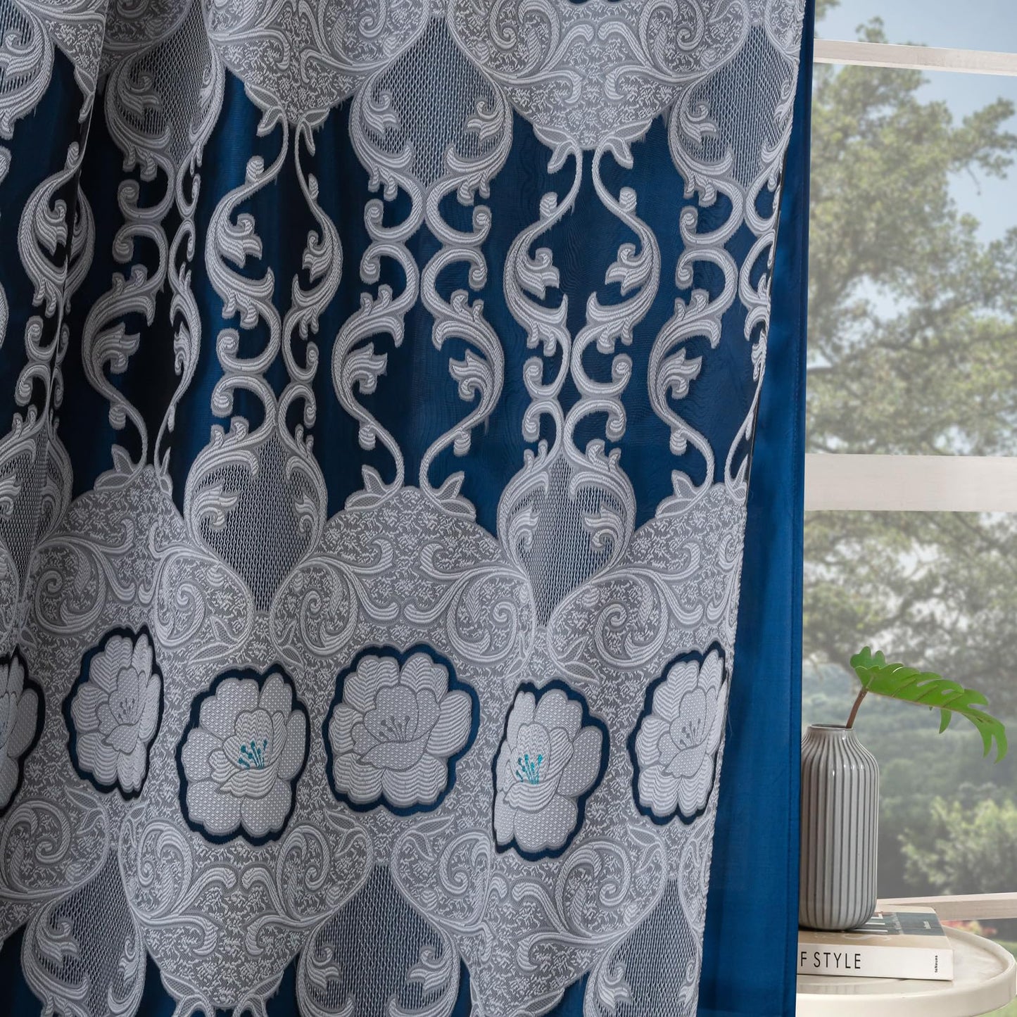 Petrichor Navy Sheer Jacquard Voile Curtains （54" W x 63" L）, 2 Panels with Attached Valance, Double Layer Floral Cutwork Design with Luxurious Texture, Rod Pocket, for Bedroom & Living Room