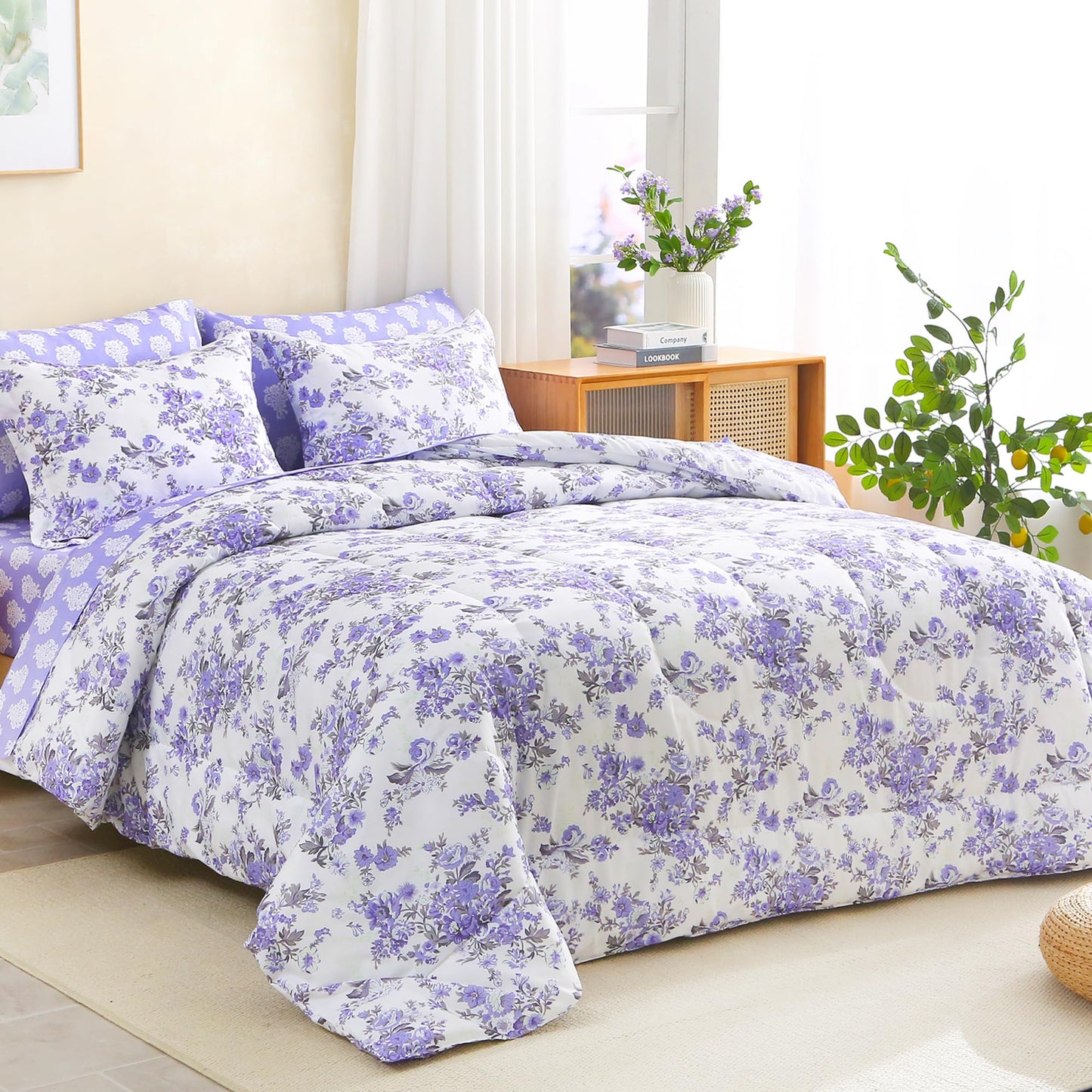 lasoftan Floral Queen Comforter Set with Sheets, 7 piece Luxury Vintage Bedding, Soft Microfiber Bed in a Bag, Cozy Lightweight Bed Set, Lavender Flower Grey Leaf