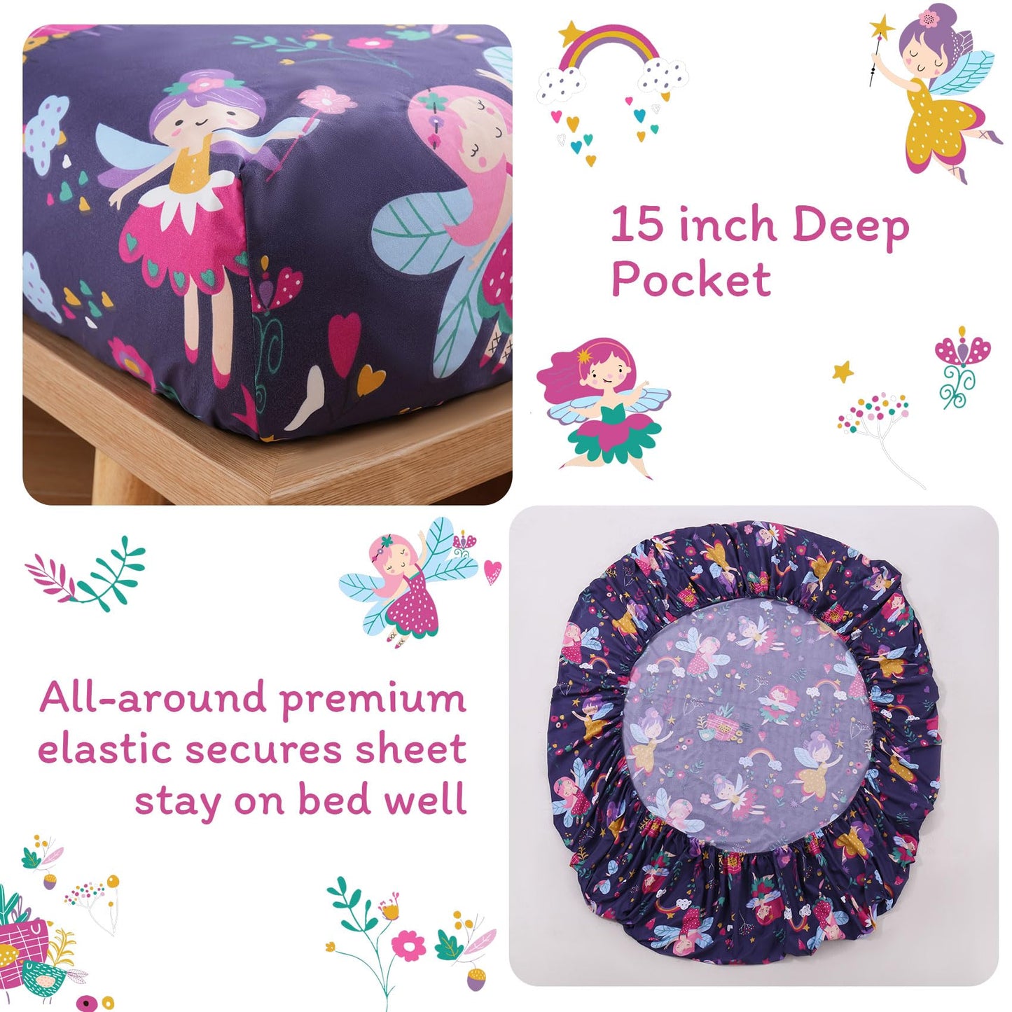 JSD Purple Fairy Kids Sheet Set Twin Size, 3 Piece Girls Floral Printed Microfiber Sheets Deep Pocket