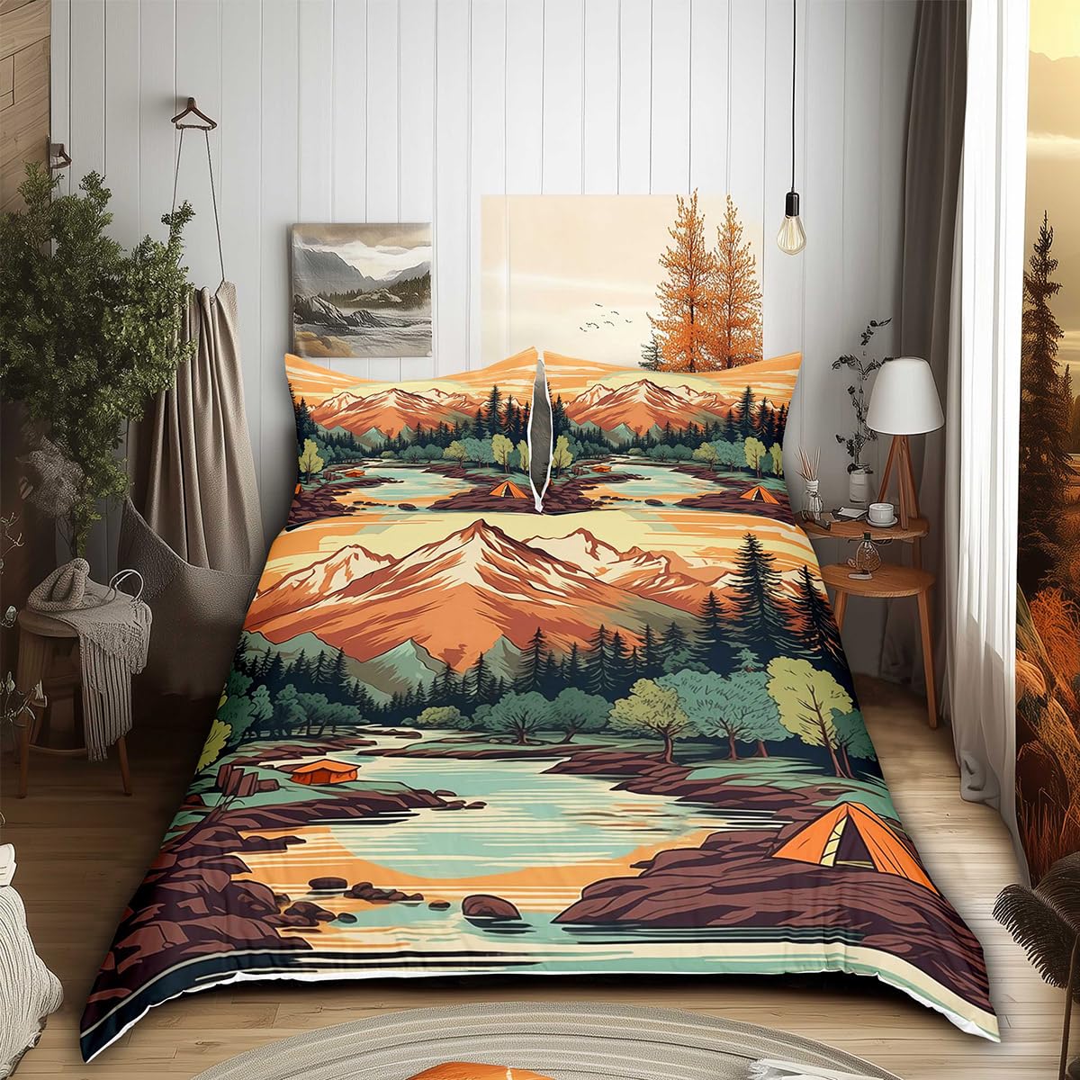 Mountain River Duvet Cover Set Full Size,Retro Adventure Theme Comforter Cover 3Pcs,Nature Scenery Tent Bedding Set Kids Boys Girls Room Decor,Camping Bedspreads Cover,2 Pillowcases(NO Comforter)