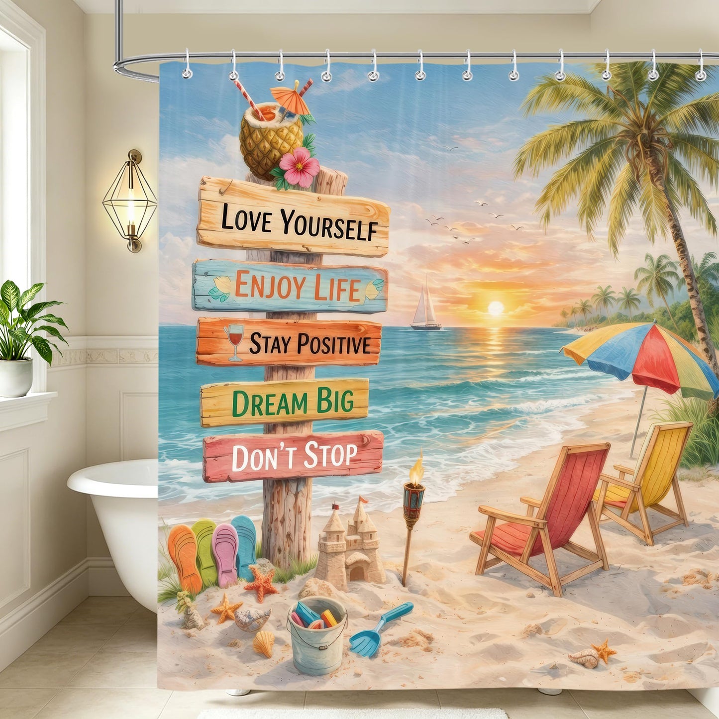 iTapnoom Tropical Beach Shower Curtain, Ocean Coastal Motivational Quotes Inspirational Palm Tree Sunset Bathroom Decor Fabric Curtain Set with Hooks 72x72 Inches