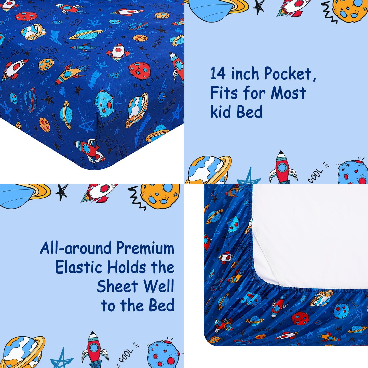 lasoftan Kids Sheet Set Twin Size, Twin Sheet Set with Space Universe Pattern，Breathable Silky Soft Microfiber Kids Fitted Sheet