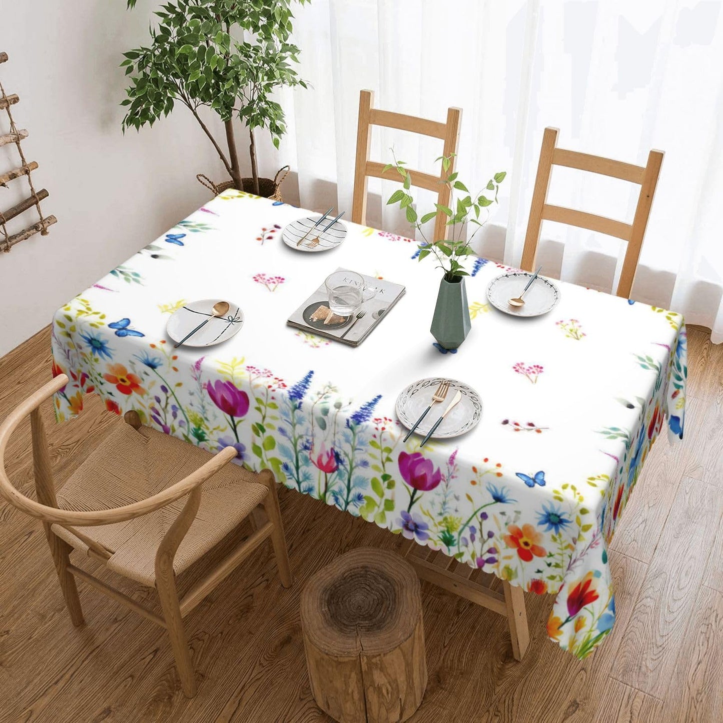 XUNNEECY Vibrant Colors Flowers Tablecloth 54x72 Inches, Floral Rectangular Polyester Table Cover with Wave Lace, Washable Dining Table Cloth for Kitchen, Party, Outdoor