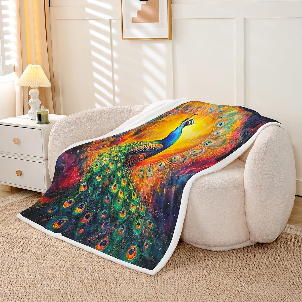 Erosebridal Peacock Fleece Blanket Watercolor Peahen Feather Sherpa Blanket 90"x90", Jungle Woodland Animals Rustic Aesthetic Animal Fuzzy Plush Throw