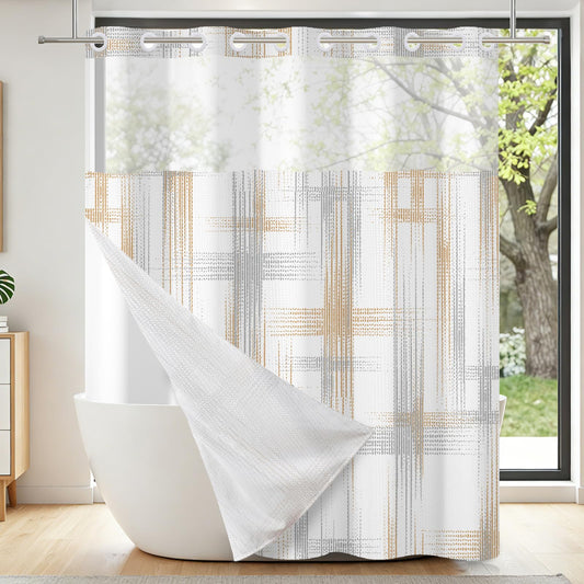 NAEMBCU No Hook Waffle Shower Curtain with Snap in Liner 71x74 Inch