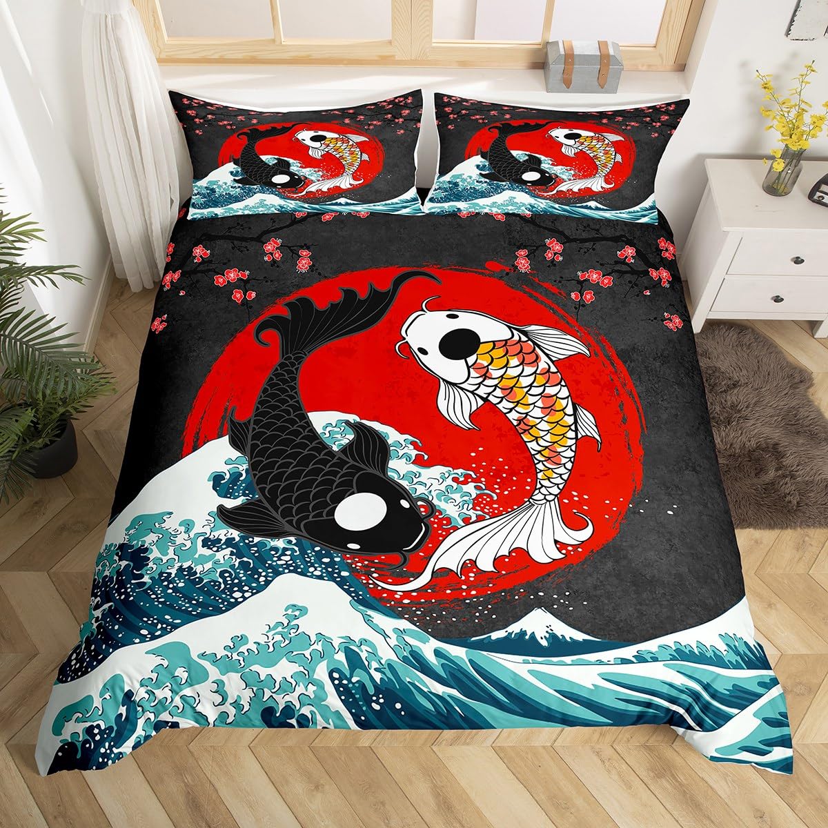 Japanese Fish Duvet Cover Set Full Size,Fantasy Yin Yang Cherry Blossom Flowers Comforter Cover with 2 Pillowcases,Blue Sea Wave Breathable Bedspread for Boys Teens,Pillow Sham