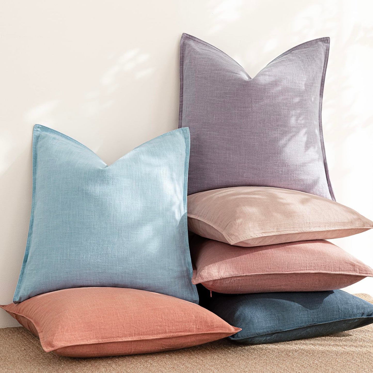 Foindtower Pack of 2, Decorative Linen Solid Throw Pillow Covers Soft Accent Euro Cushion Case Farmhouse Neutral Pillowcase for Chair Couch Sofa Bedroom Living Room Home Decor 22 x 22 Inch Light Blue