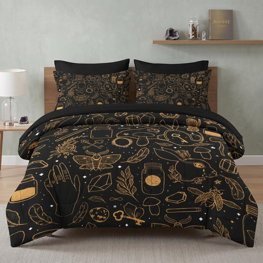 Pamnest Comforter Set Queen Size, Vintage Witch Dream 7 Pcs Bedding for Kids and Adults, Boho Mystic Occult Bed Sheet Sets with Fitted Sheet 2 Pillowcases & 2 Shams for Bedroom Bed Decor