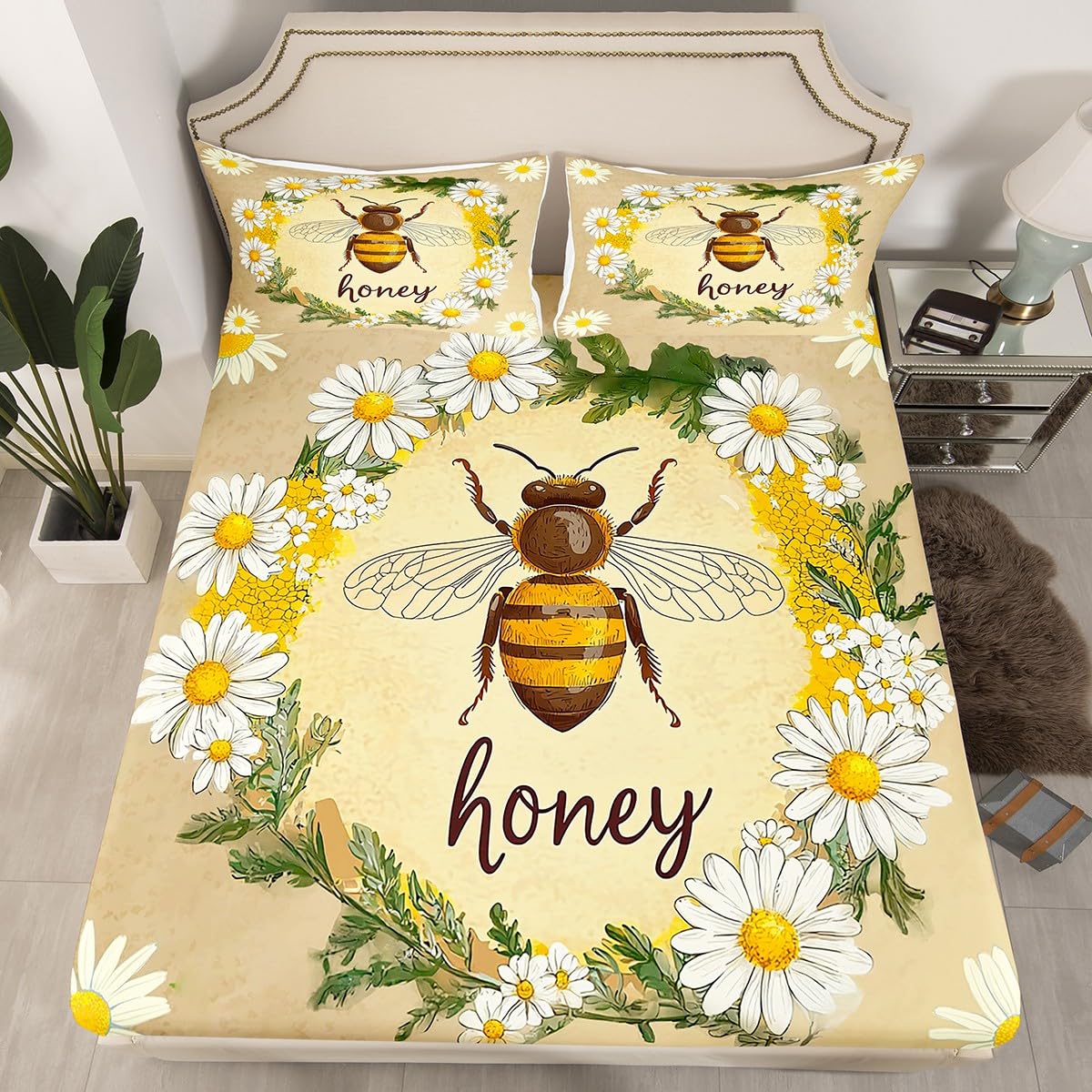 Erosebridal Kawaii Honey Bee Bedding Set Queen Cute Geometric Honeycomb Bed Sheets Farm Rustic Daisy Sheet Set for Kids Girls Teen Women,Soft Honey Bee Fitted Sheet + Flat Sheet + 2 Pillow Cases