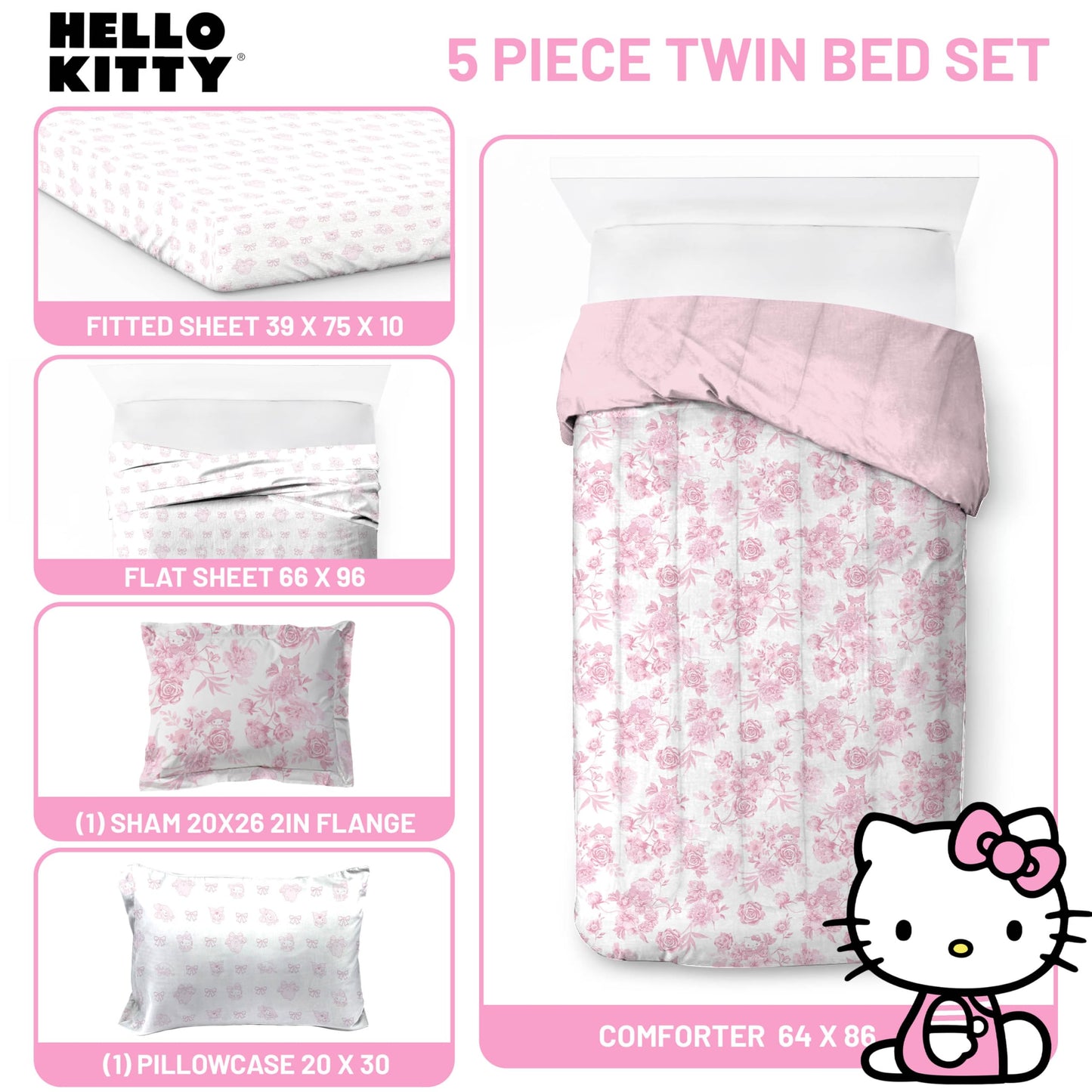 Jay Franco Comforter Set Includes Sheets and Pillow Covers - Soft and Cozy Bed Set for Stylish Room Decor, Official Licensed Product, Multi - Hello Kitty, 5 Piece Twin