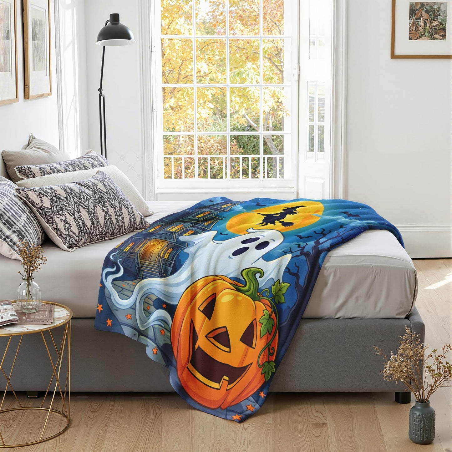 GEDAEUBA Halloween Blankets and Throws - Spooky Ghost Pumpkin Witch Bat Castle Fleece Blanket Full Size, Soft Cozy Blankets & Throws for Couch, Bed, and Sofa, 84x90 inches