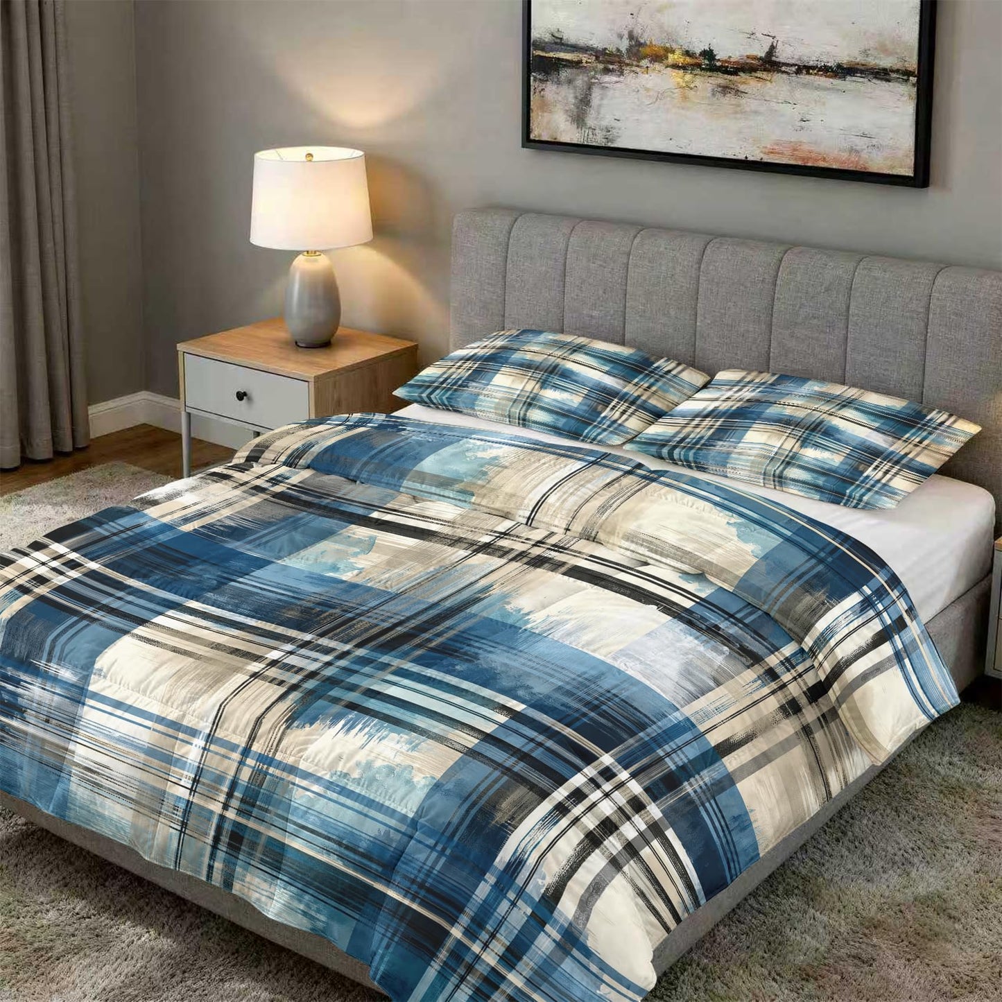 Abstract Plaid Stripe Full Size Comforter Sets 3 Piece