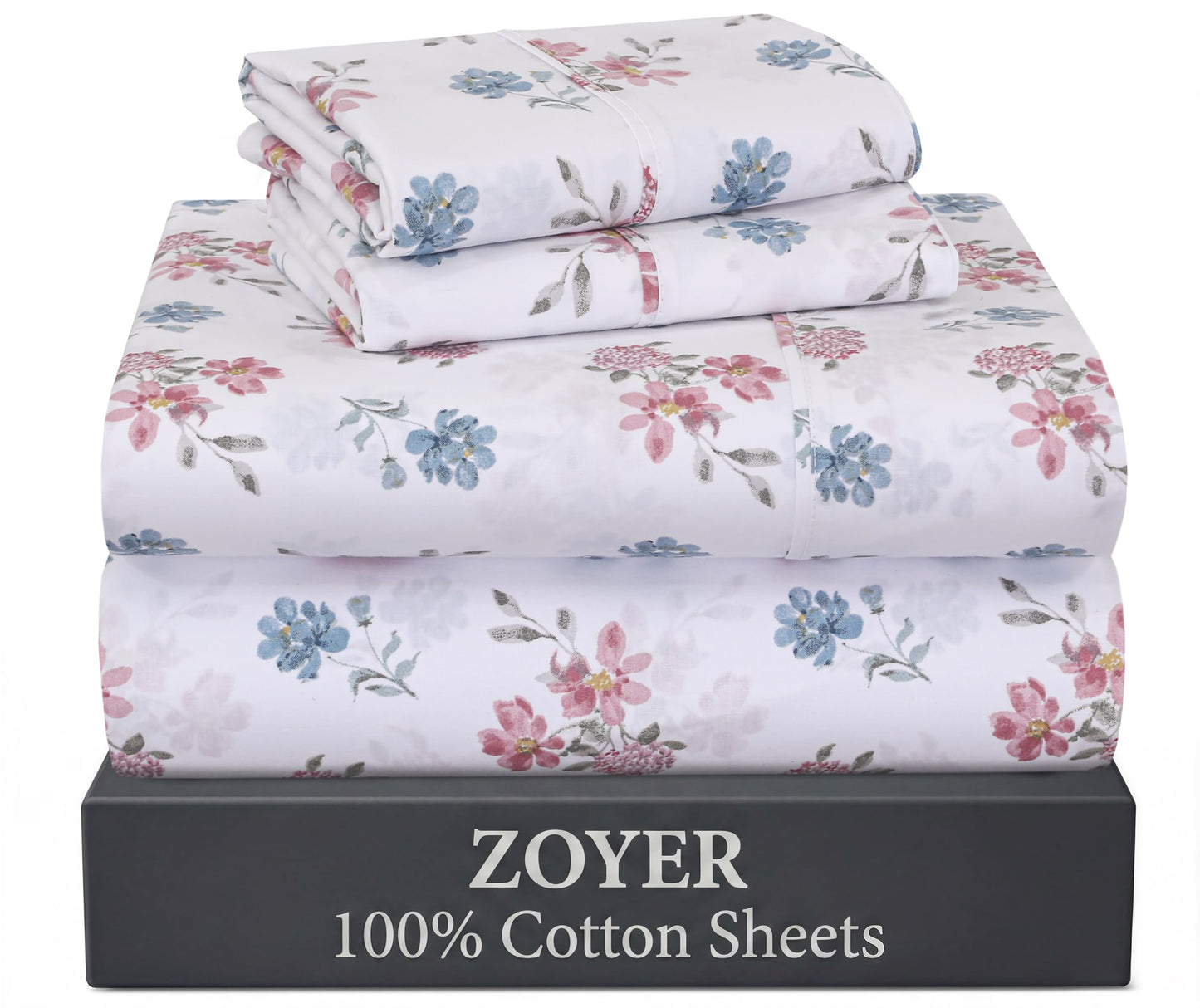 ZOYER 100% Cotton Sheets – Full Size Percale Bedding, Cooling & Breathable, Durable with a Crisp, Soft & Comfortable Feel, 16" Deep Pocket, 4-Piece Set, Flora Rhapsody