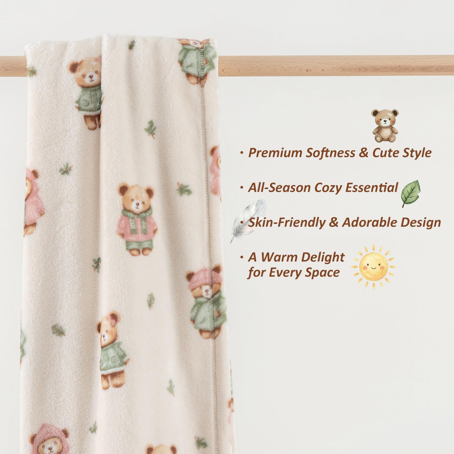 Sushing Cartoon Fleece Blanket, Cute Animal Characters Plush Home Decor, Soft Lightweight Gift for Adults Kids, Machine Washable, 90in x 90in, Autumn Bears