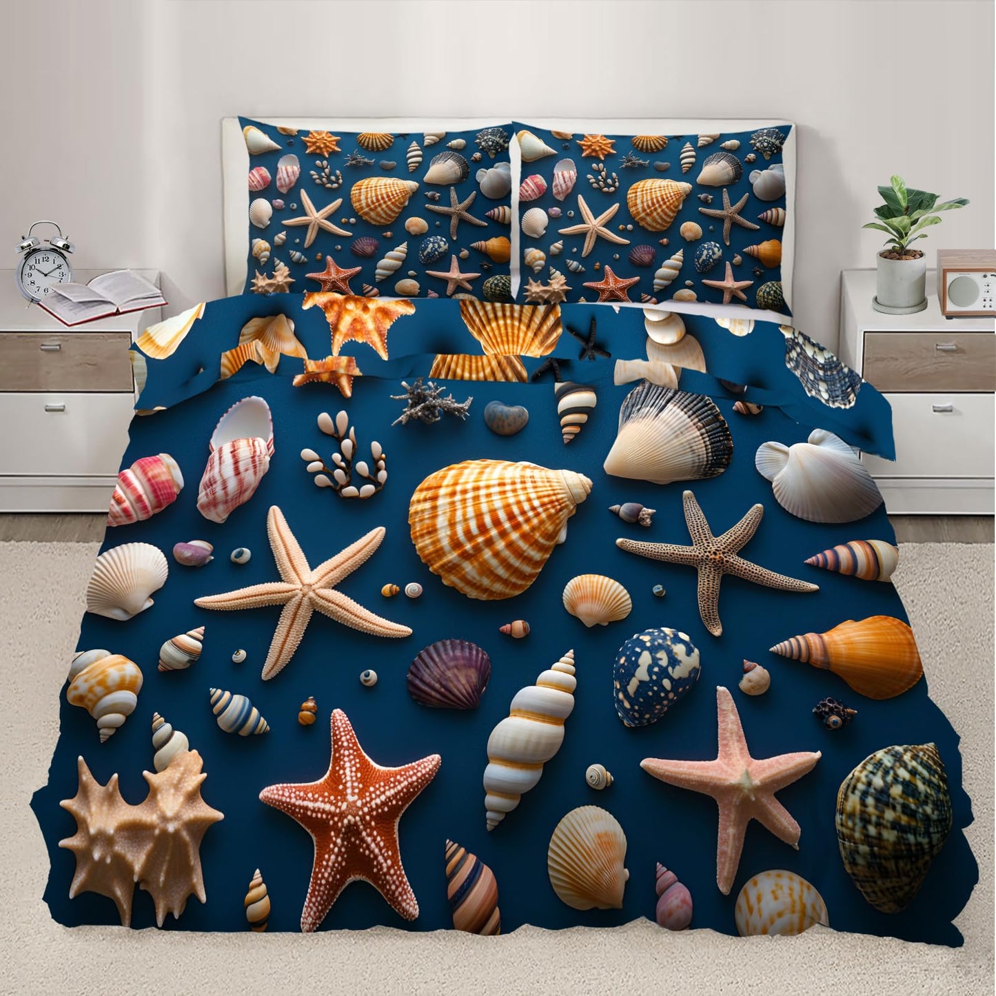 PAISUOQ Ocean Duvet Cover King, Deep Ocean Blue Comforter Cover with Zipper Ties, Shells & Starfish Bedding Set, 3 Pieces with 2 Pillow Cases, Home Decor & Gifts