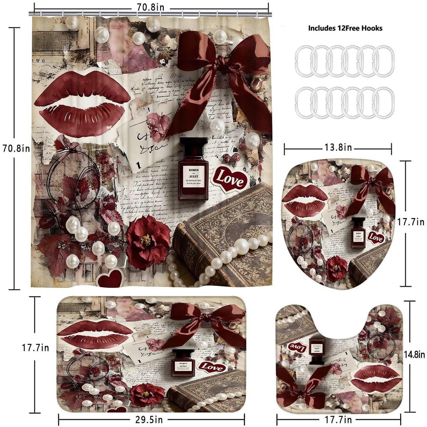 DDQQ 4Pcs Sexy Lip Shower Curtain Set Women Pearl Bow Bathroom Decor Set, Fashion Red Flower Perfume Bathroom Curtains Shower Set with Rugs, Girly Shower Curtain with 12 Hooks