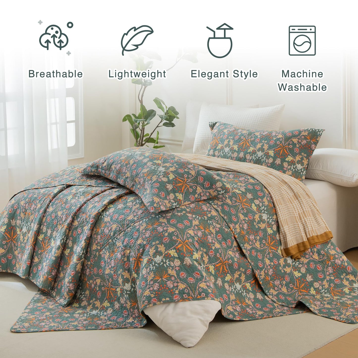 QSH 100% Cotton Oversized King Bedspread Set(128"x120")-3Pcs Floral Quilt Coverlet California King Size Luxury Paisley Flower Botanical Printed Bedspread Bedding Set Lightweight Soft for All Season