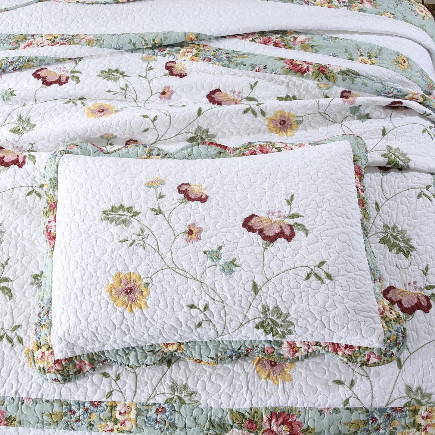 ROOMLIFE Quilt Set Queen Size 3D Floral Embroidery Pattern 3-Piece Cotton Reversible Quilted Embroidered Decorative Bedspreads Coverlet Bedding Set, Lightweight &Soft, All Season(104" X 90.5") Green