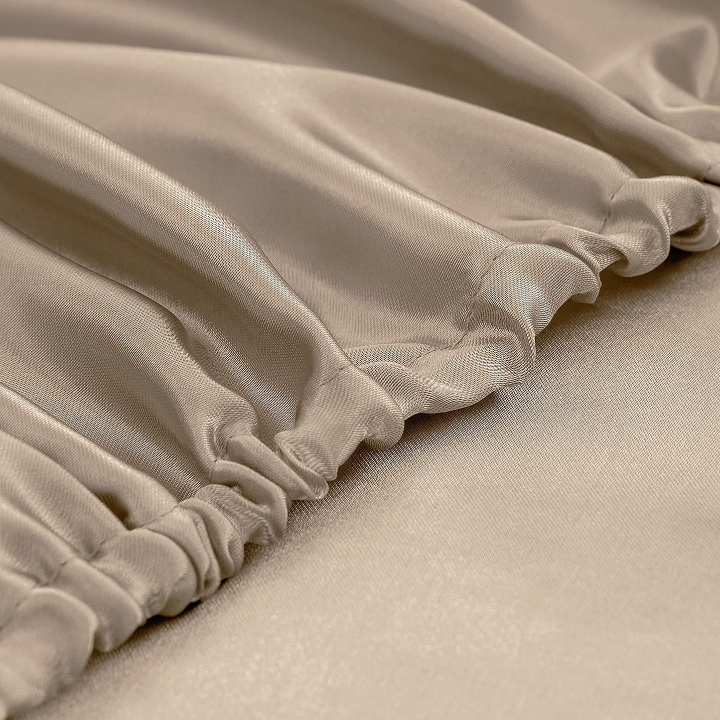 Homiest 4pcs RV Short Queen Satin Sheets Set Luxury Silky Satin Bedding Set with 10" Deep Pocket, Camper Queen Sheets, 1 Fitted Sheet + 1 Flat Sheet + 2 Pillowcases (RV Short Queen, Taupe)