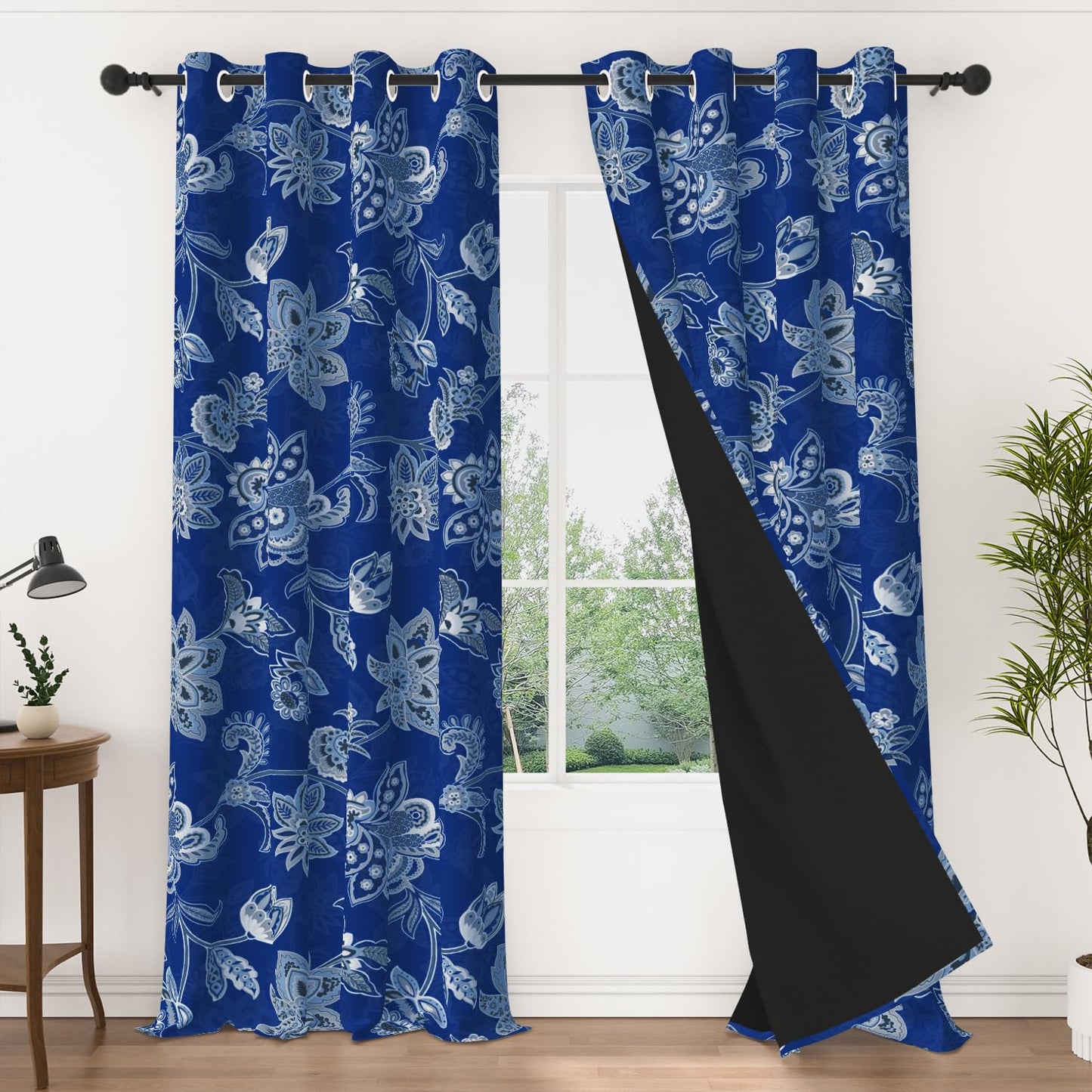 NAEMBCU Navy Blue Floral Blackout Curtains 84 Inch Length, Vintage Flower Window Drapes with Light Blocking & Thermal Insulated Curtains for Bedroom Living Room, 2 Panels Set