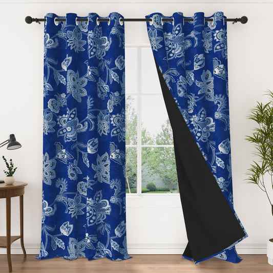 NAEMBCU Navy Blue Floral Blackout Curtains 84 Inch Length, Vintage Flower Window Drapes with Light Blocking & Thermal Insulated Curtains for Bedroom Living Room, 2 Panels Set