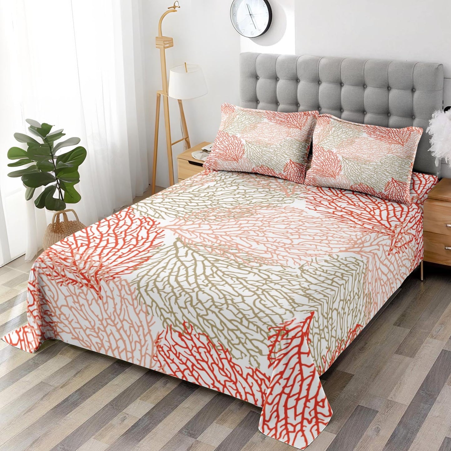 Pamnest Full Size Bed Sheet Sets, Coral Summer Coastal Soft Microfiber 4 Pcs Bedding Sets for Kids and Adults Bedroom Bed Decor, Ocean Sea Tropical Plant Flat, Fitted Sheet and 2 Pillowcases
