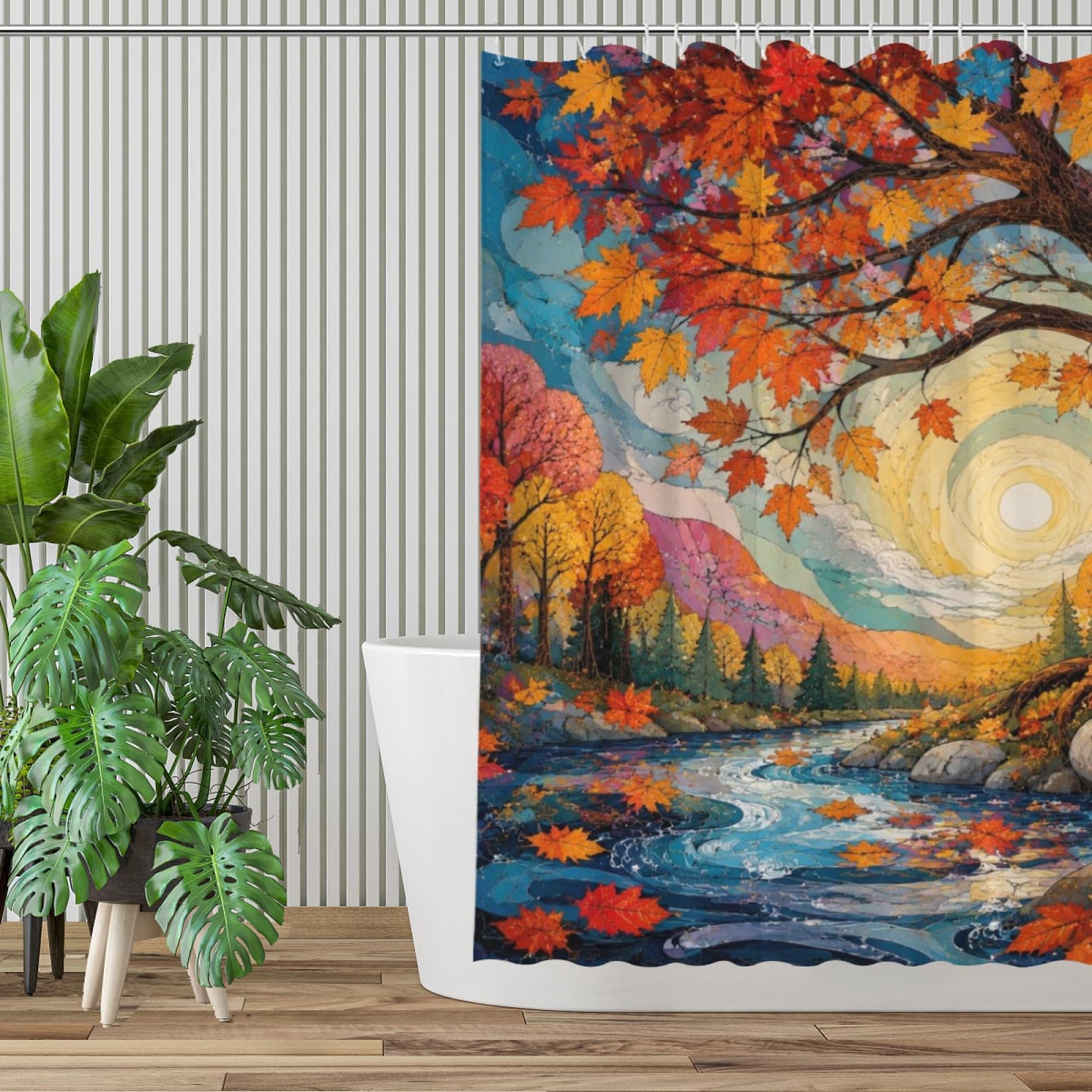 REZHOCH Autumn Bathtub Forest Shower Curtain 72x72 Inch,Fall Maple Leaves Lake View Rustic Tub Nature Landscape Artistic Bathroom Decor Bath Set with Hooks