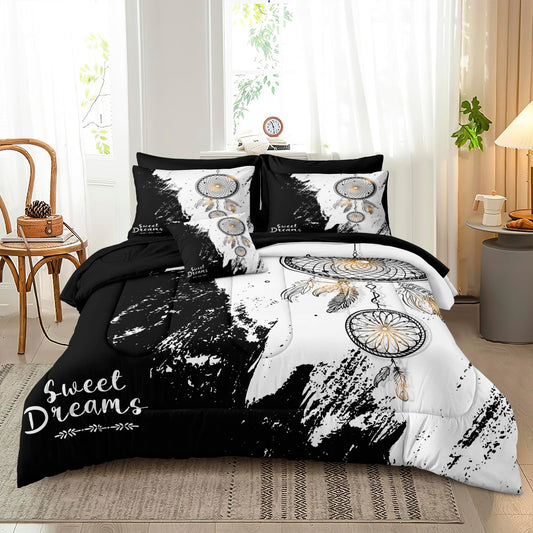 Bedbay Dream Catcher Comforter Set 8 Pieces King Size Comforter with Sheets Mandala Boho Bedding Soft Quilt Set Abstract Marble Texture Black White Queen Bed in a Bag for Boys Girls Teen Adults