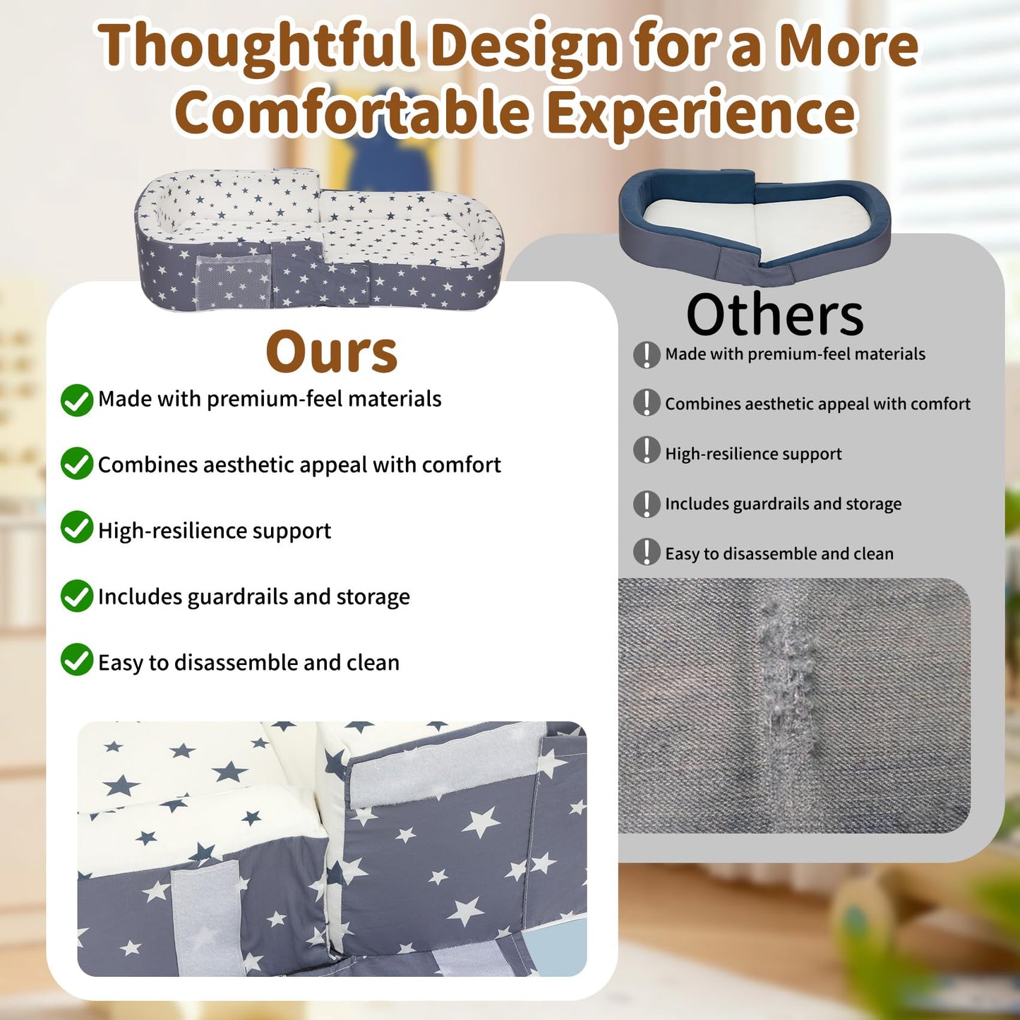 Toddler Travel Bed, 2-in-1 Portable Toddler Bed Sofa Chair Convertible Travel Crib with Storage Pockets, Foldable Portable Toddler Bed Sofa Chair Velvet Washable Covers for Kids Camping Hotel Sleeping