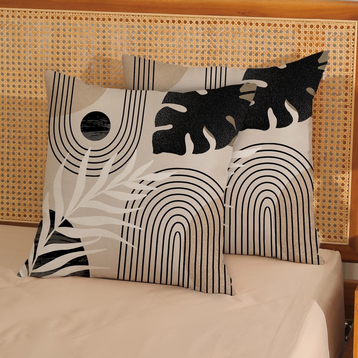 JEFERSO Boho Pillow Covers 18x18 Set of 2 Mid Century Black Beige Tropical Leaf Throw Pillow Covers Outdoor Decor Modern Abstract Decorative Pillow Cases Farmhouse Linen Cushion Case for Couch Sofa