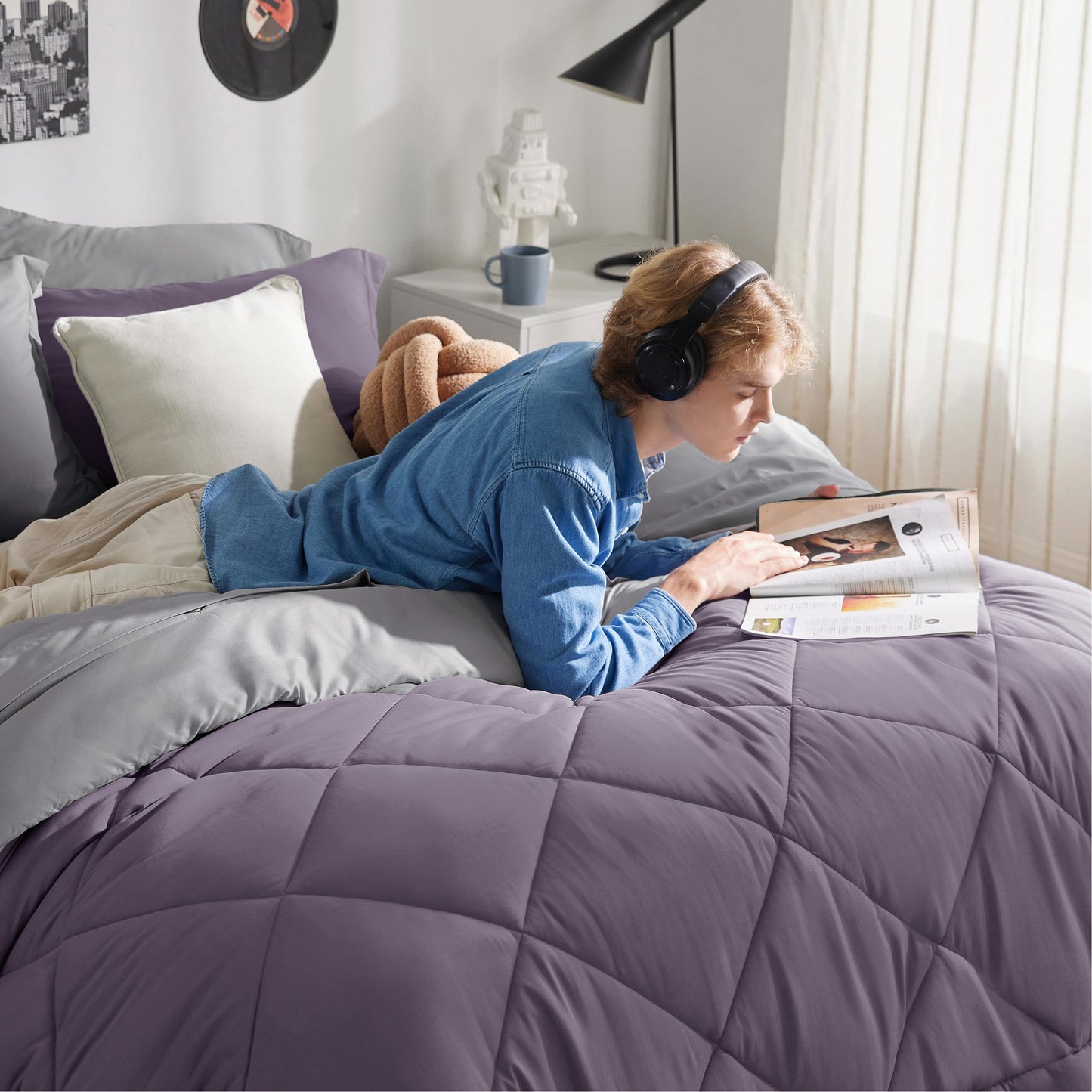 Bedsure Twin XL Comforter - 5 Pieces Reversible Grayish Purple Bed in a Bag, Twin XL Bedding Comforter Set College Dorm Essentials with 1 Flat Sheet, 1 Fitted Sheet, 1 Pillowcase and 1 Pillow Sham
