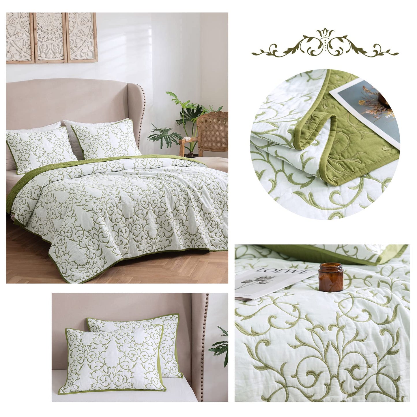 mixinni 2-Piece King Size Soft Microfiber Green Quilted Embroidery Floral Pattern Pillow Shams-20" x 36"